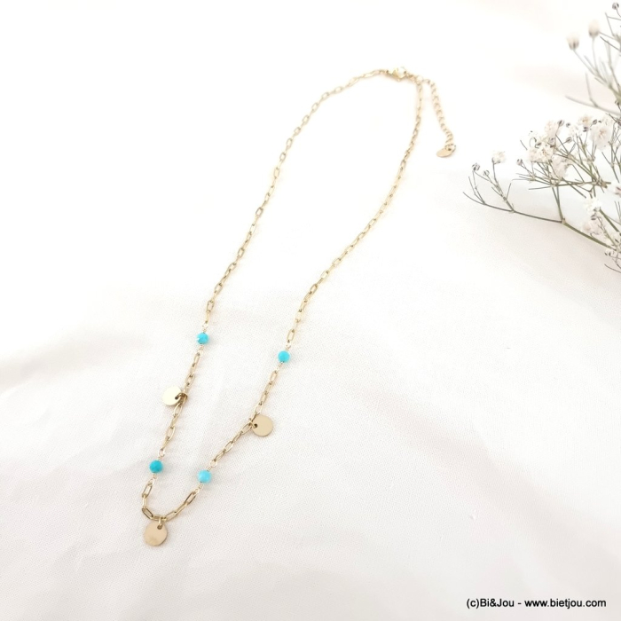 Collier acier inoxydable pampilles billes pierre naturelle 0123064 bleu turquoise Collier acier inoxydable pampilles billes pierre naturelle 0123064 bleu turquoise