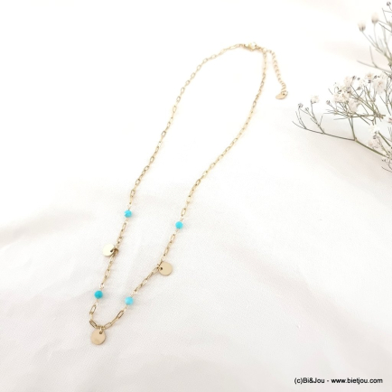 Collier acier inoxydable pampilles billes pierre naturelle 0123064 bleu turquoise