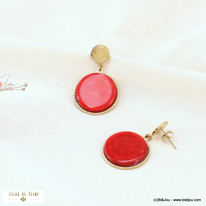 Boucles d'oreilles acier vintage résine marbrée 0323012 rouge