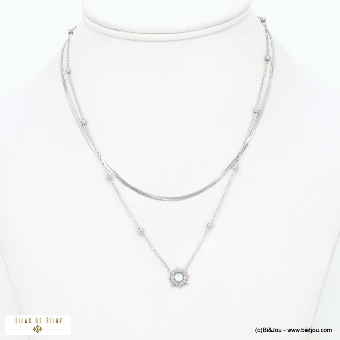 Collier deux rangs acier inox soleil cabochon pierre 0123020 argenté