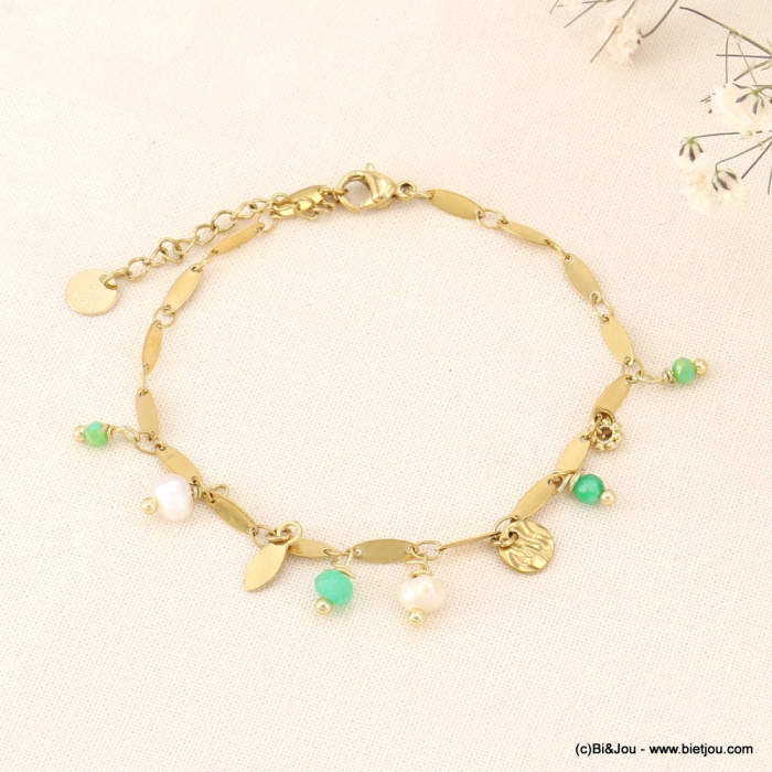 Bracelet acier inoxydable torsades pierres perle eau douce 0223063 vert