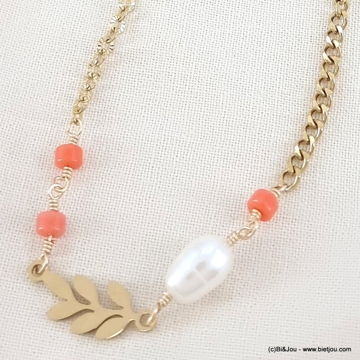 Collier acier inoxydable laurier pierre perle eau douce 0123066 rouge corail
