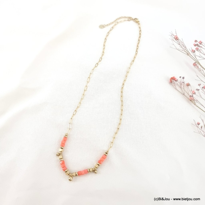 Collier acier inoxydable rondelles pierre chaîne rectangle 0123073 rouge corail