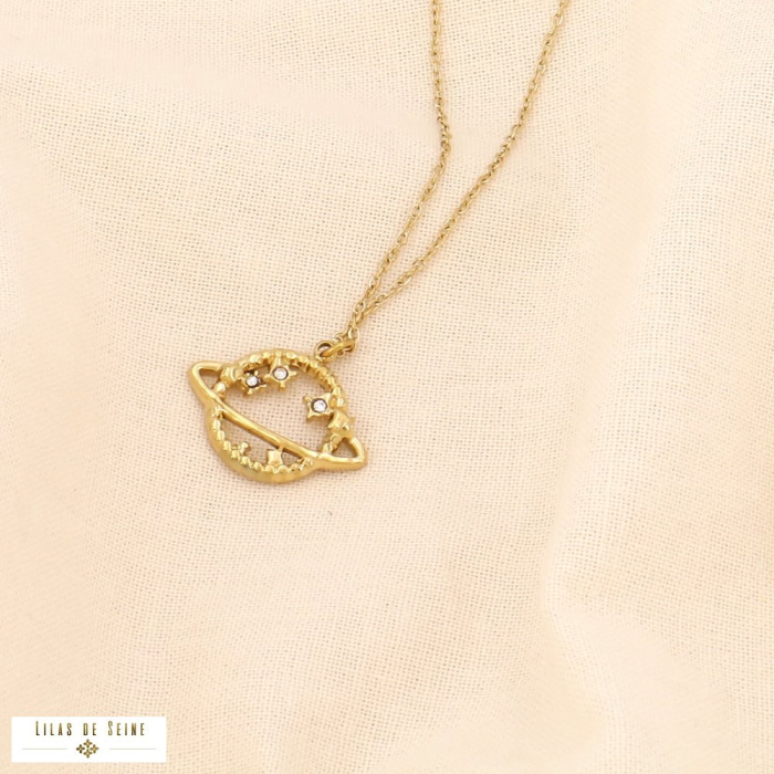 Collier acier inoxydable pendentif planète strass 0123089 doré