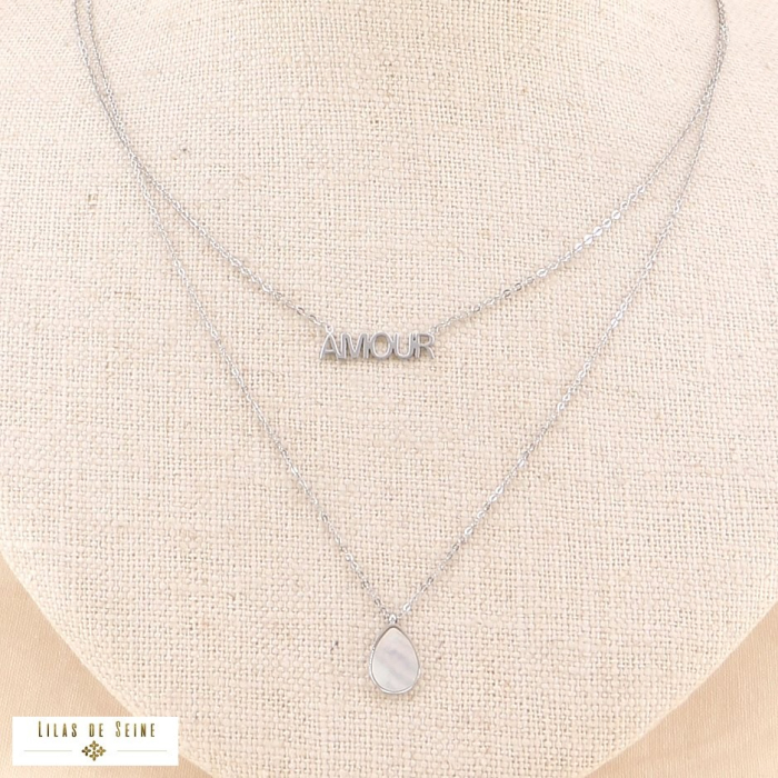 Collier double-rangs acier inoxydable AMOUR goutte nacre 0123103 argenté