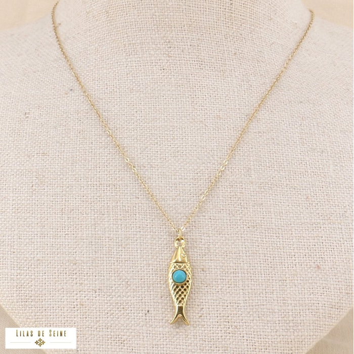 Collier acier inoxydable talisman poisson porte-bonheur 0123104 bleu turquoise