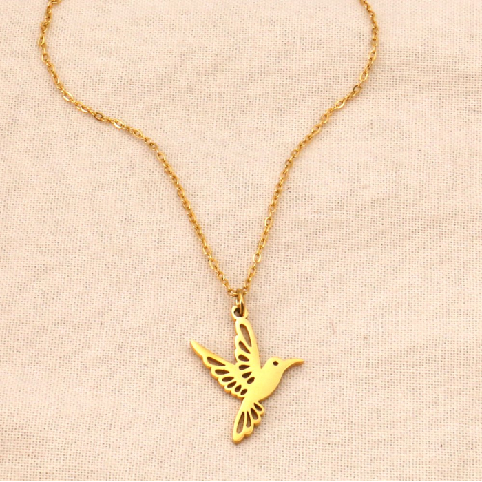Collier acier inoxydable oiseau en vol colibri femme 0124030 doré
