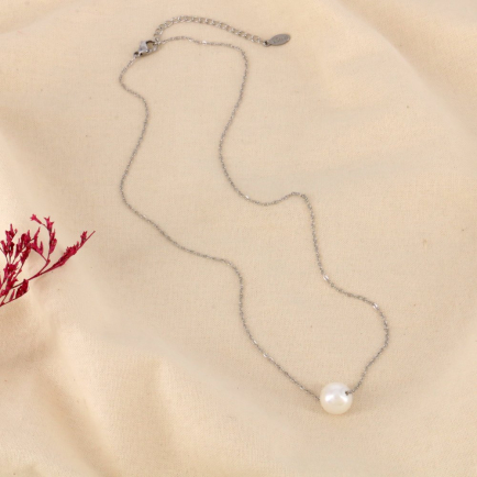 Collier bille imitation perle acrylique acier inox femme 0124113 argenté