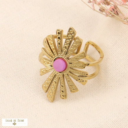 Bague large médaillon soleil acier inoxydable doré 0423061 mauve
