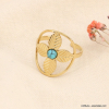 Bague médaille fleur ajourée en acier inoxydable et cabochon en pierre 0423144 bleu turquoise