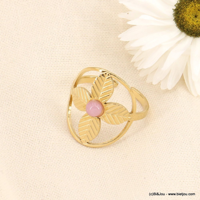 Bague médaille fleur ajourée en acier inoxydable et cabochon en pierre 0423144 mauve