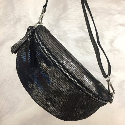 Sac banane cuir véritable lamé style métallisé 0924037 noir