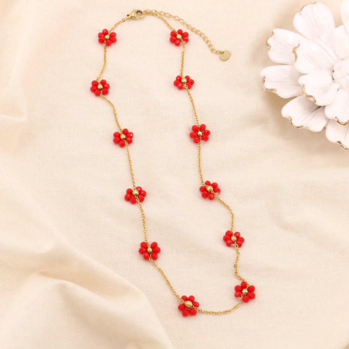 COLLIER ACIER INOXYDABLE FLEURS BILLE FACETTÉE CRISTAL 0124135 rouge