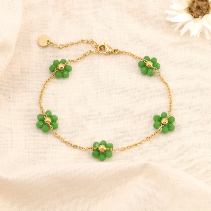 BRACELET EN ACIER INOXYDABLE FLEURS BILLE FACETTÉE CRISTAL 0224092 vert BRACELET EN ACIER INOXYDABLE FLEURS BILLE FACETTÉE CRISTAL 0224092 vert