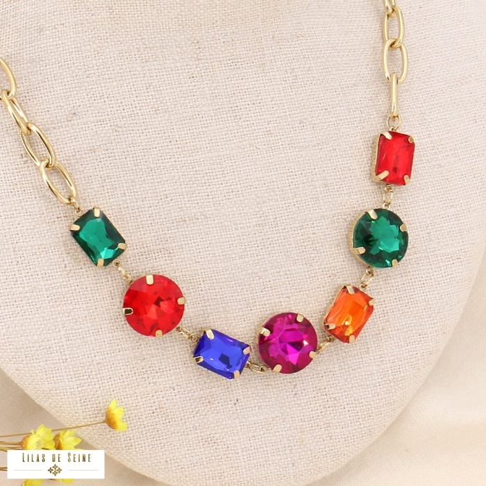 Collier acier inoxydable gros strass coloré 0123530 multi