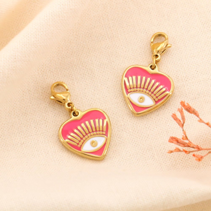 2 charms breloques coeur oeil émail acier inoxydable 0624059 fushia