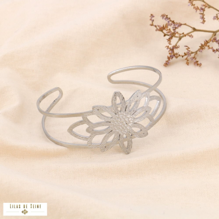 Bracelet manchette double-rang acier inoxydable fleur ciselée 0224018 argenté