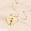 Sautoir acier inoxydable pendentif coeur cabochon pierre 0123571 violet