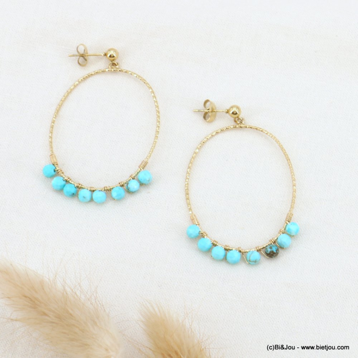 Boucles d'oreilles acier inox. grands anneaux billes pierre 0323057 bleu turquoise