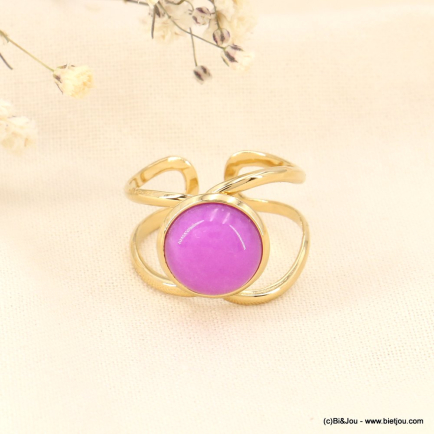 Bague acier inoxydable double-anneaux cabochon pierre nacre 0423140 mauve