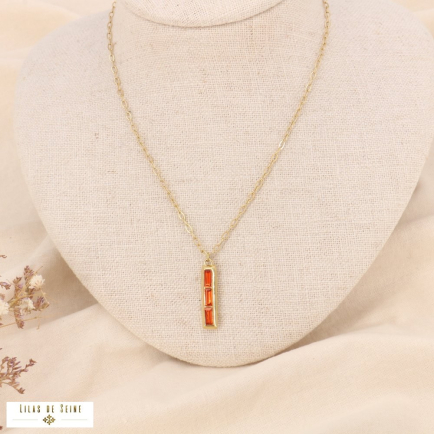 Collier court gros maillons et tige en acier et strass rectangles pour femme 0123531 orange foncé