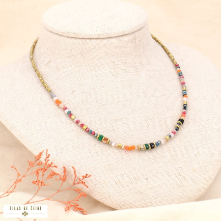 Collier acier court bohème perles cristal et pierres naturelles 0123539 multi