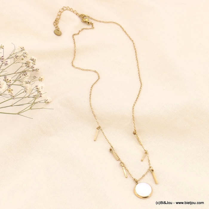Collier acier inox tiges pièce pierre ou nacre véritable femme 0123111 blanc