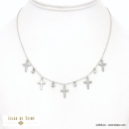 Collier en acier inoxydable à chaîne fine, charms croix et strass blanc 0122517 argenté