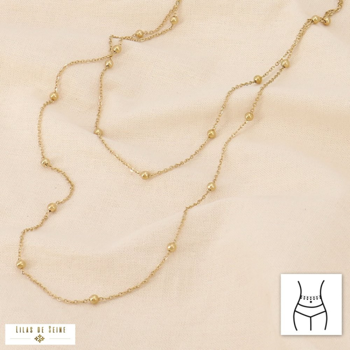Chaîne de taille sautoir double chaîne à billes acier inoxydable femme 0123160 doré