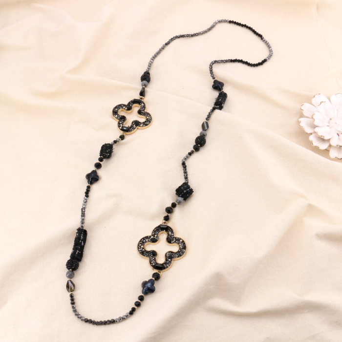 Sautoir baroque trèfle strass cristal pierre polyester métal 0124528 noir