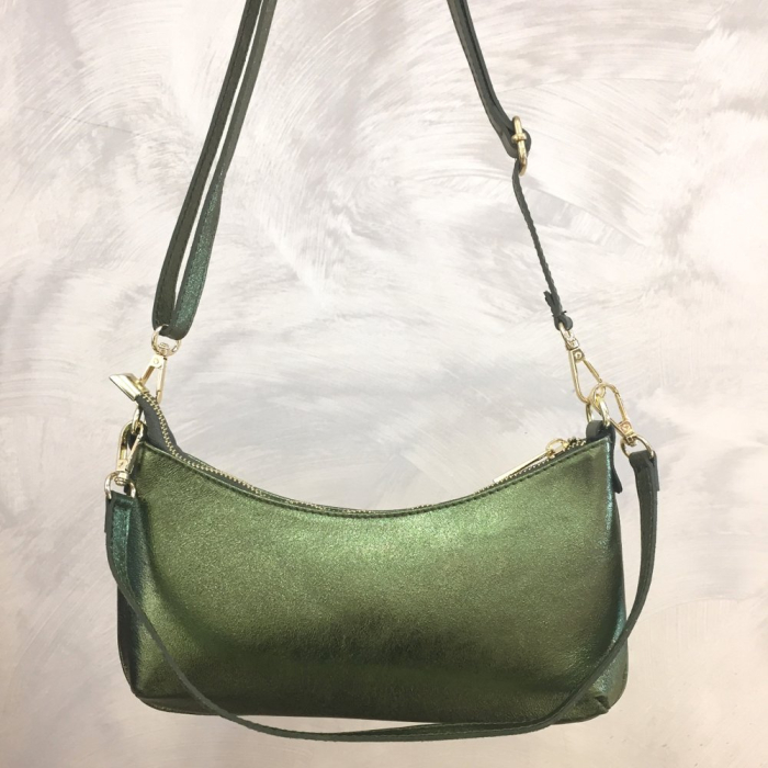 Sac porté épaule cuir véritable irisé 2 bandoulières 0924516 vert kaki