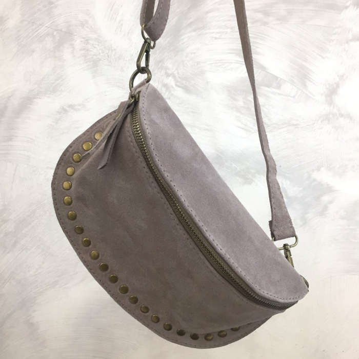 Sac banane cuir véritable daim petits clous dorés 0924517 taupe