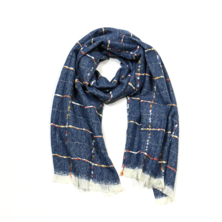 Echarpe longue carreaux colorés frange femme 0724514 bleu foncé