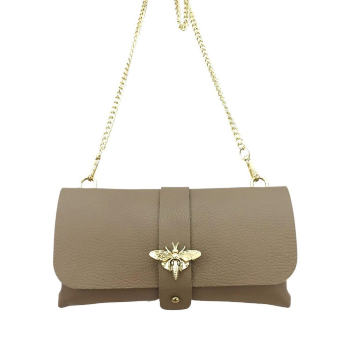 Sac à bandoulière chaîne pochette cuir véritable irisé rabat abeille femme 0922518 taupe