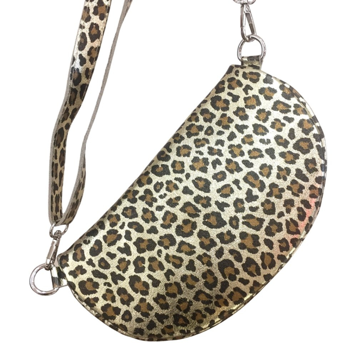 Sac banane cuir véritable lamé style métallisé 0924037 léopard doré