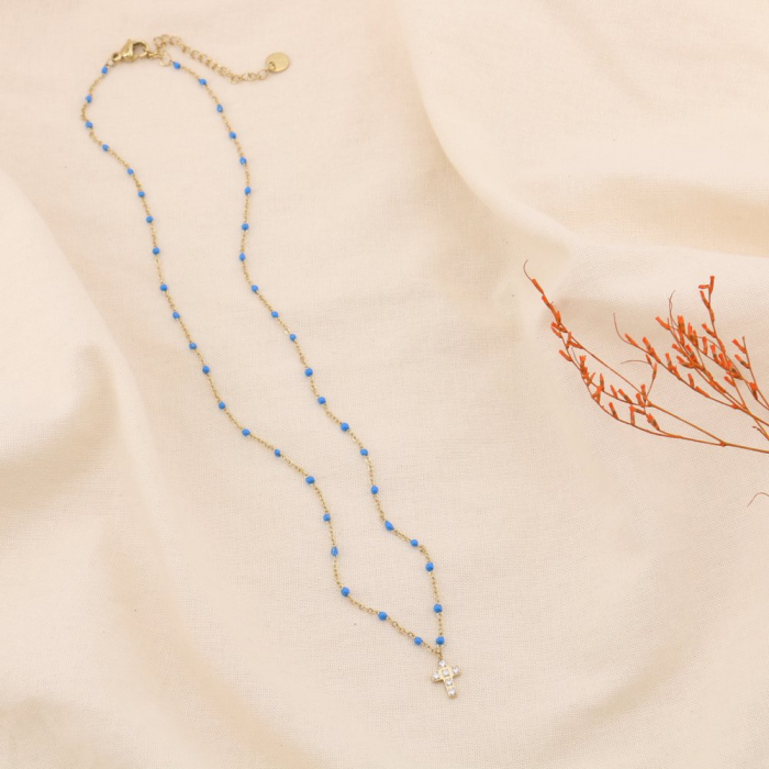 Collier acier inoxydable strass croix résine époxy femme 0124524 bleu