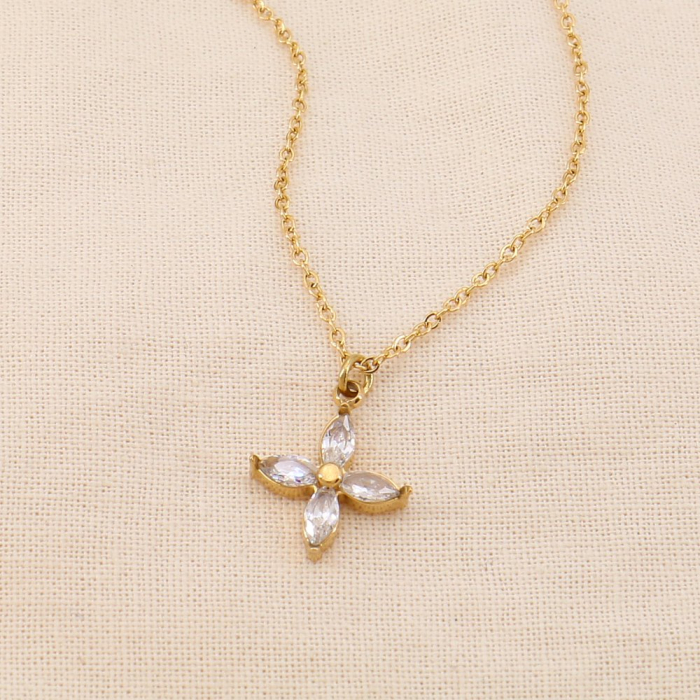 Collier minimaliste acier pendentif fleur 4 pétales strass 0124519 doré