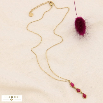 Collier acier inoxydable pendentif 3 gouttes pierre naturelle 0123558 fushia