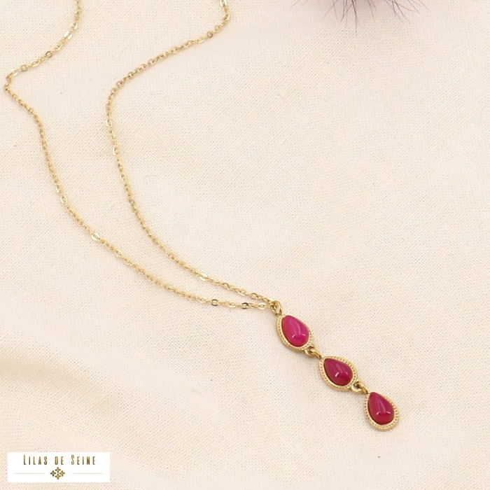 Collier acier inoxydable pendentif 3 gouttes pierre naturelle 0123558 fushia