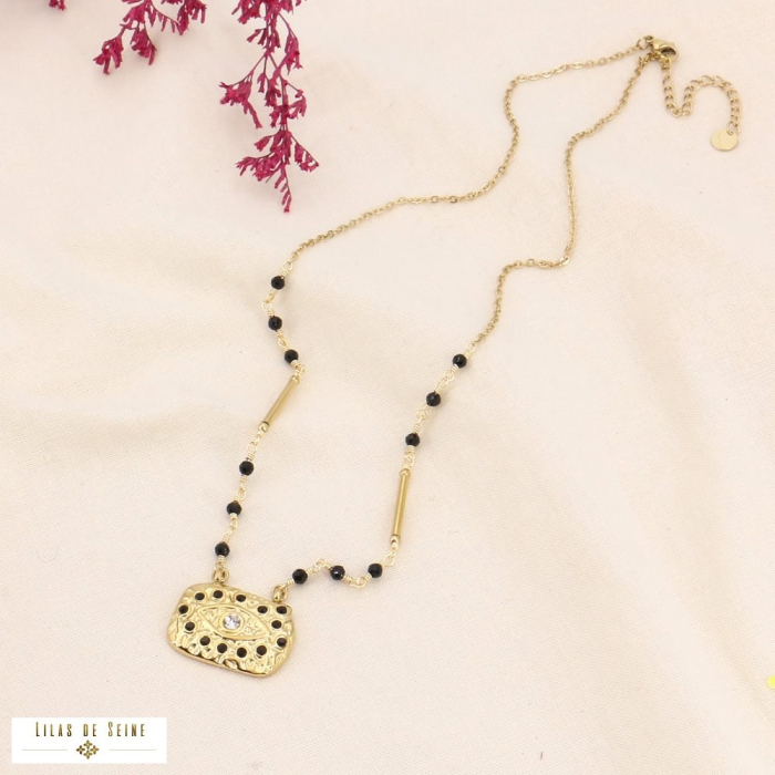 Collier acier inoxydable antique oeil chance pierre strass 0123580 noir