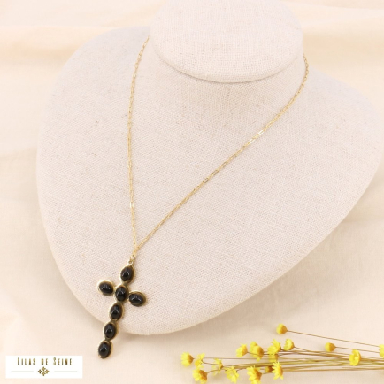 Collier court croix romane acier inox doré cabochons pierres 0123542 noir
