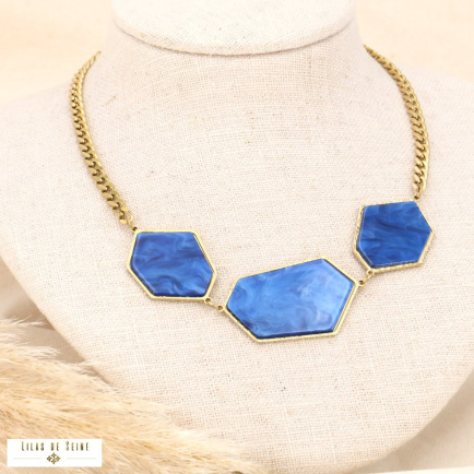 Collier hexagones irréguliers résine effet marbré acier inox 0123521 bleu foncé