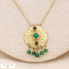 Collier pendentif nénuphar acier cabochon breloques pierres 0123573 vert foncé