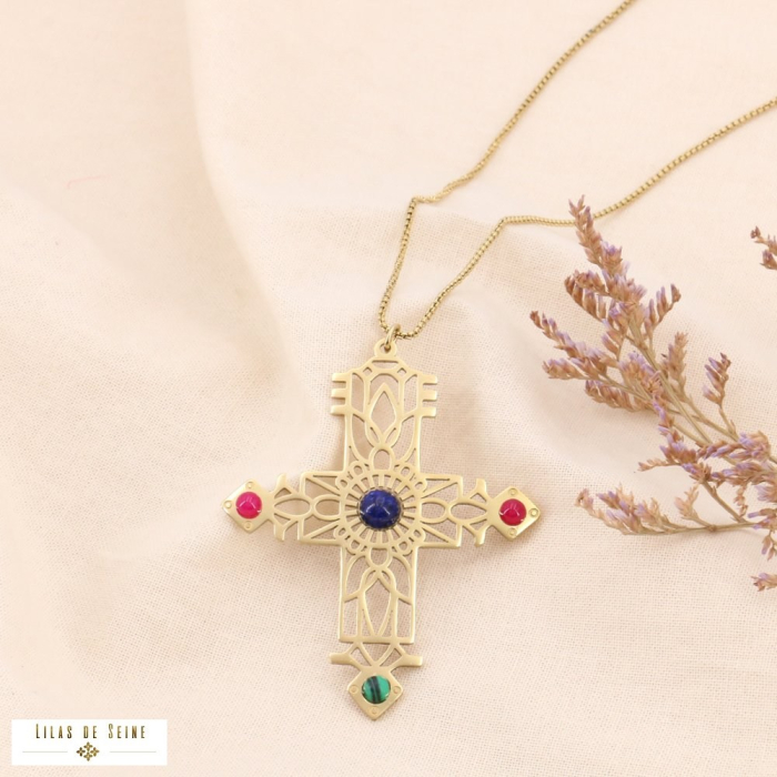 Collier long croix arabesque en acier et cabochons pierres naturelles 0123563 multi