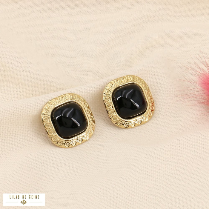 Boucles d'oreilles carrées clip vintage acier inox résine 0323515 noir