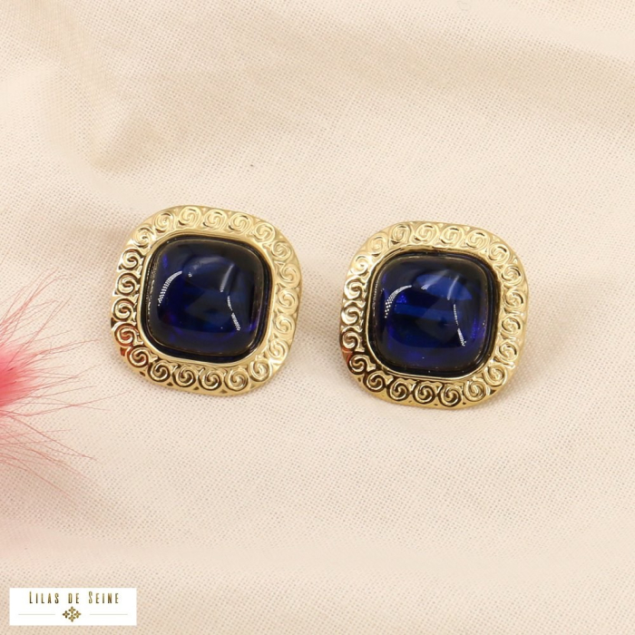 Boucles d'oreilles carrées clip vintage acier inox résine 0323515 bleu foncé