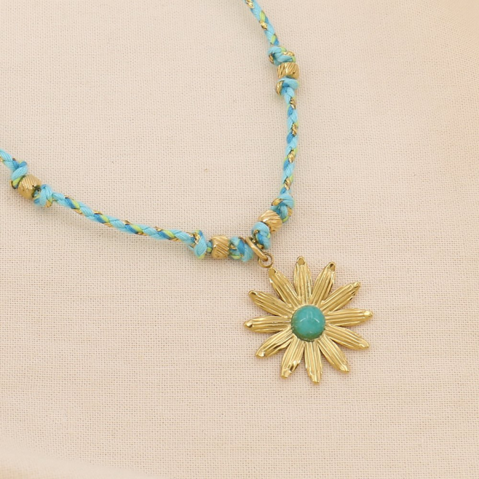 Collier Fleur en Acier Doré avec Cordon Tressé 0125039 bleu turquoise