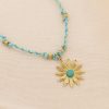 Collier Fleur en Acier Doré avec Cordon Tressé 0125039 bleu turquoise Collier Fleur en Acier Doré avec Cordon Tressé 0125039 bleu turquoise