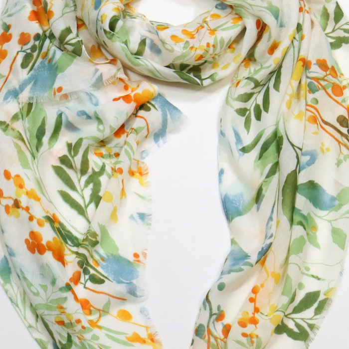 Foulard Mousseline Coton Viscose Imprimé Floral Pastel 0725013 vert