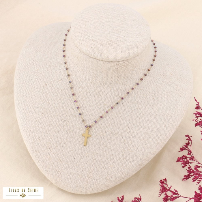 Collier Chapelet en Acier Inoxydable Doré et Perles de Cristal 0123585 violet Collier Chapelet en Acier Inoxydable Doré et Perles de Cristal 0123585 violet